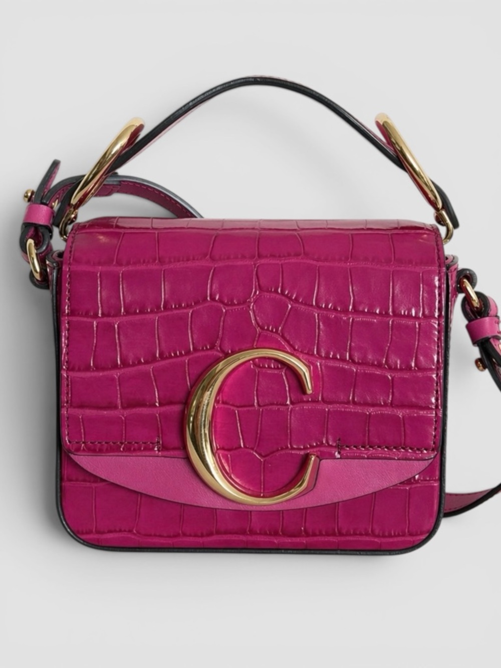 Chloe C Croc Embossed Leather Shoulder Bag